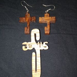 Wooden Cross Earrings and Jesus Pin Set